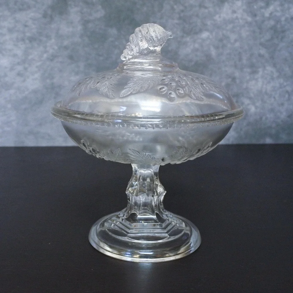 Antique 1870s McKee & Bros American Pressed Glass Barberry Covered Tall Compote